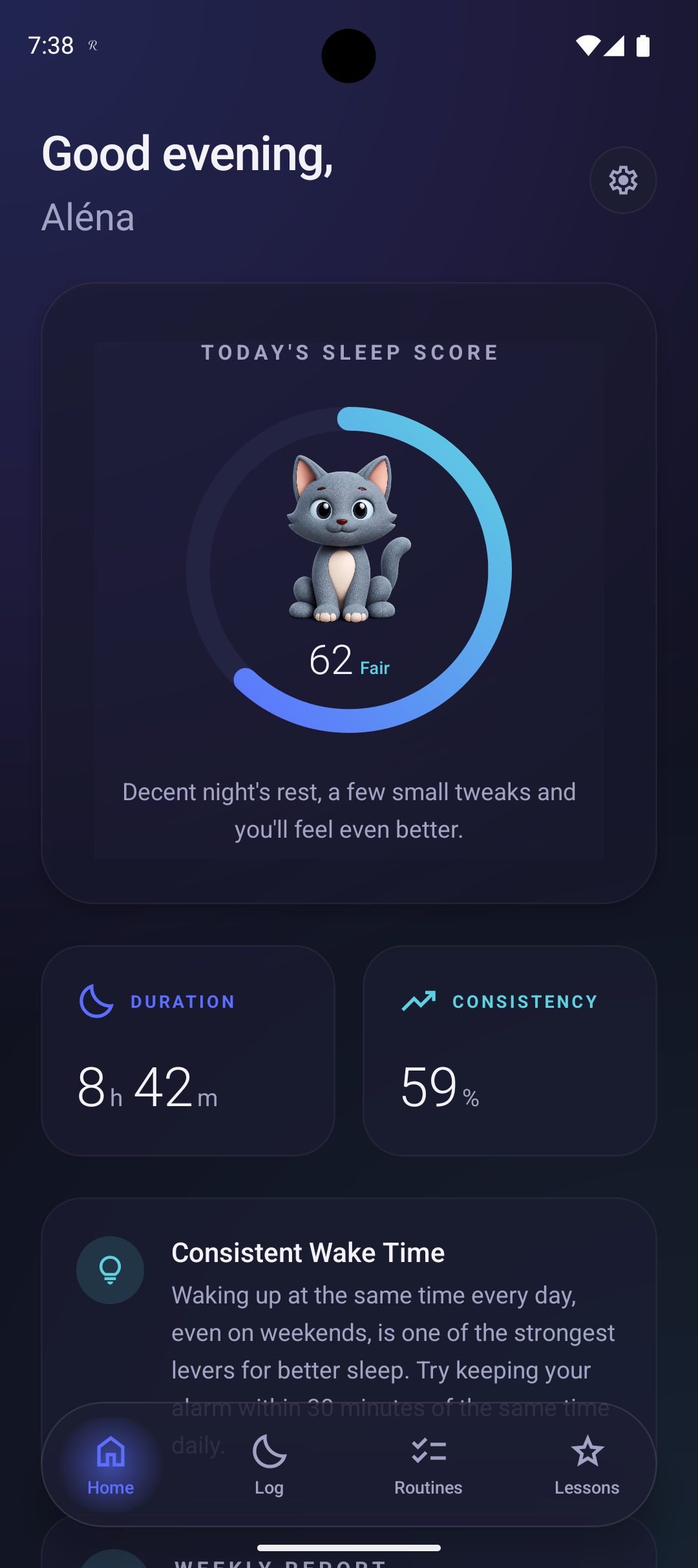 Rizeora home screen showing today's sleep score, duration, and consistency