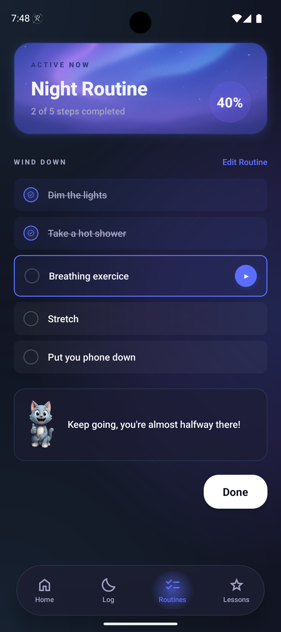 Rizeora night routine screen showing wind-down checklist progress